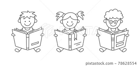 Hand drawn small kids holding open books and reading. Children education. Boys and girl read books. Set of vector illustrations isolated on white background in doodle style. Editable stroke 78628554