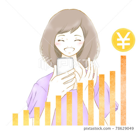 A young woman who smiles as the amount of money on the smartphone screen increases A young woman who smiles as the amount of money on the smartphone screen increases 78629049