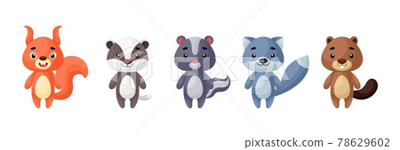 Cute woodland animals set. Collection funny animals characters for kids cards, baby shower, birthday invitation, house interior. Bright colored childish vector illustration. 78629602