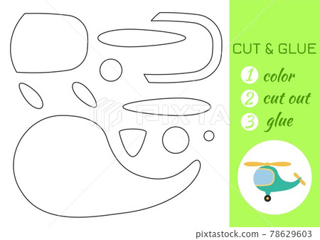 Color, cut and glue paper green helicopter. Cut and paste craft activity page. Educational game for preschool children. DIY worksheet. Kids logic game, activities jigsaw. Vector stock illustration. 78629603
