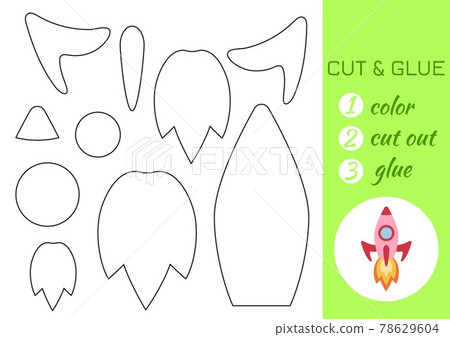 Color, cut and glue paper red rocket. Cut and paste craft activity page. Educational game for preschool children. DIY worksheet. Kids logic game, activities jigsaw. Vector stock illustration. 78629604