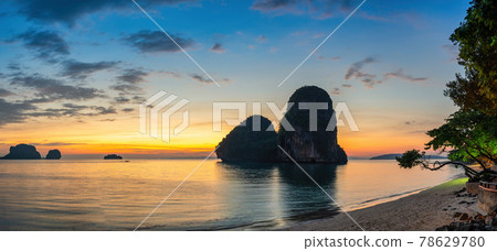 Tropical islands sunset view with ocean sea water at Phra Nang Cave Beach, Krabi Thailand nature landscape panorama 78629780