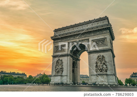 Paris France city skyline sunrise at Arc de Triomphe and Champs Elysees empty nobody 78629803