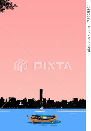 Houseboat floating at dusk and silhouette of the city Houseboat floating at dusk and silhouette of the city 78629804