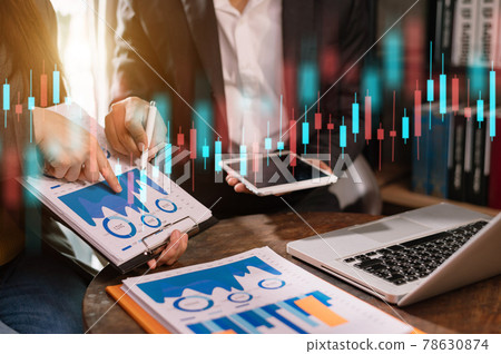 Two stock traiders making analysis of digital market and investment in block chain crypto currency. 78630874