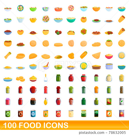 100 food icons set, cartoon style 100 food icons set, cartoon style 78632005
