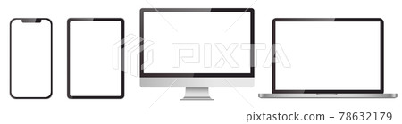 逼真的 3D 設備模型集。智能手機、平板電腦、顯示器、台式機、筆記本電腦 78632179