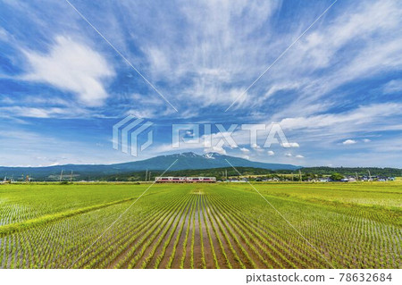 Trains running in the paddy fields in early summer and Mt. Chokai, Yuza Town, Yamagata Prefecture Trains running in the paddy fields in early summer and Mt. Chokai, Yuza Town, Yamagata Prefecture 78632684