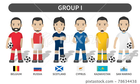 European soccer cup tournament qualifying draws 2020 and 2021 . Group I . Football player with jersey kit uniform and national flag . Cartoon character flat design . White theme background . Vector . European soccer cup tournament qualifying draws 2020 and 2021 . Group I . Football player with jersey kit uniform and national flag . Cartoon character flat design . White theme background . Vector . 78634438