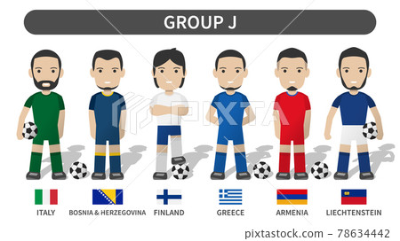 European soccer cup tournament qualifying draws 2020 and 2021 . Group J . Football player with jersey kit uniform and national flag . Cartoon character flat design . White theme background . Vector . 78634442