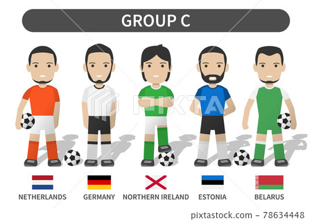 European soccer cup tournament qualifying draws 2020 and 2021 . Group C . Football player with jersey kit uniform and national flag . Cartoon character flat design . White theme background . Vector . 78634448