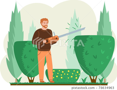 Man trimming plant with trimmer. Professional garden worker working with bush or tree in backyard 78634963