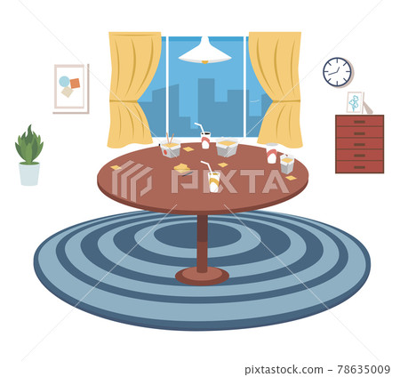 Table with wok noodles, cocktails and board game blanks. Furniture model for interior of living room 78635009