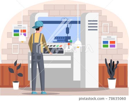 Employee works with industrial printer computer control panel. Worker prints on large machine Employee works with industrial printer computer control panel. Worker prints on large machine 78635060
