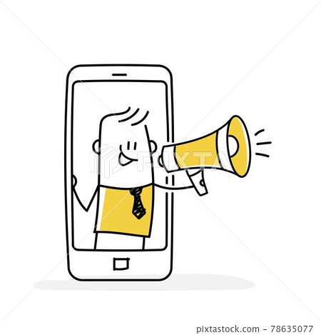 Stickman from smartphone shout on megaphone. Stickman from smartphone shout on megaphone. 78635077