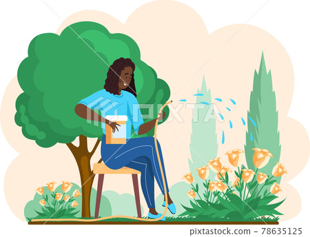 Girl gardening plant. Woman planting flowers, pours water from hose, agriculture gardener hobby Girl gardening plant. Woman planting flowers, pours water from hose, agriculture gardener hobby 78635125