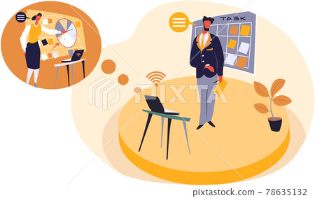 Web conference concept, group of analyst managers discussing project remotely standing at blackboard Web conference concept, group of analyst managers discussing project remotely standing at blackboard 78635132