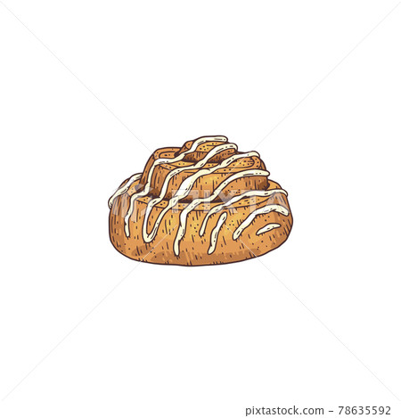 Cinnamon roll bun with icing, engraving hand drawn vector illustration isolated. 78635592