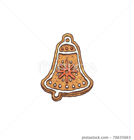 Gingerbread in shape of Christmas bell, hand drawn vector illustration isolated. Gingerbread in shape of Christmas bell, hand drawn vector illustration isolated. 78635663
