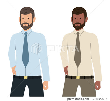 Self confident bearded businessman of Caucasian and African American ethnicity. Employee character in flat style. Self confident bearded businessman of Caucasian and African American ethnicity. Employee character in flat style. 78635893