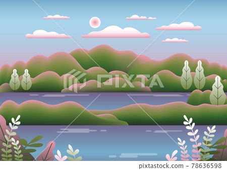 Hills landscape in flat style design. Beautiful field, meadow, mountains and sky. Rural location with valley, lake, river, hills, forest, trees. Green blue gradient colors. Cartoon background vector 78636598