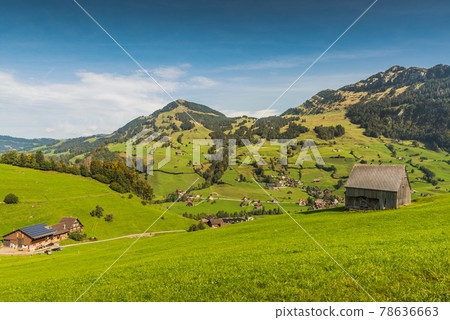 Green, mountainous landscape in Toggenburg, Canton St. Gallen, Switzerland Green, mountainous landscape in Toggenburg, Canton St. Gallen, Switzerland 78636663