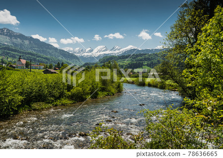Thur River and Churfirsten in Swiss Toggenburg, Nesslau-Krummenau, Canton St. Gallen, Switzerland Thur River and Churfirsten in Swiss Toggenburg, Nesslau-Krummenau, Canton St. Gallen, Switzerland 78636665