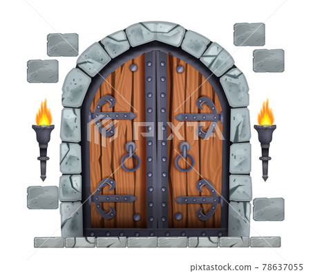 Castle wooden gate, medieval vector double door, stone arch, fire torch, bricks isolated on white.  78637055