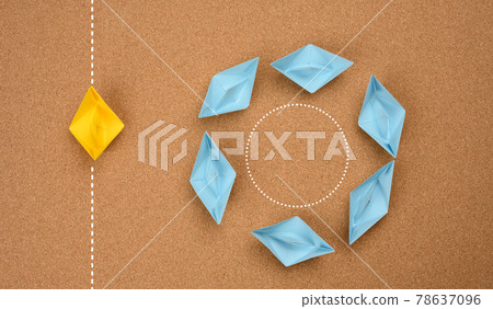 a group of blue boats floats in a circle and one floats along a straight path. The concept of thinking outside the box a group of blue boats floats in a circle and one floats along a straight path. The concept of thinking outside the box 78637096