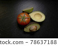 Avocado lime tomato on a black plate  78637188