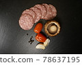 Italian pizza ingredients tomato basil garlic mushroom salami 78637195
