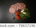 Italian pizza ingredients tomato basil garlic paprika salami pepper 78637196