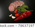 Italian pizza ingredients tomato basil garlic paprika salami 78637197