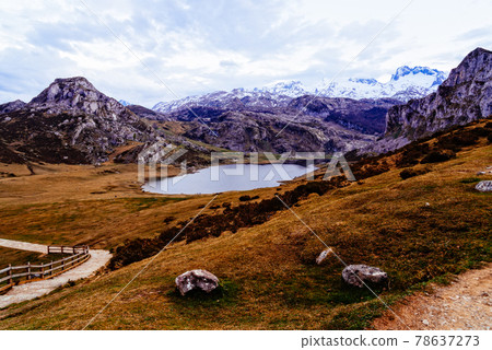 View of lakes of Covadonga sunset. Ercina Lake View of lakes of Covadonga sunset. Ercina Lake 78637273