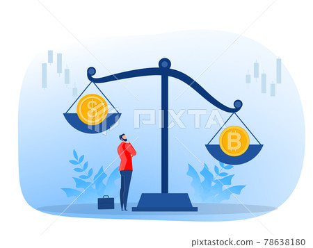 The coin with the bitcoin symbol outweighs dollar currencies cryptocurrency, Exchange rate. A vector illustration in flat style. 78638180
