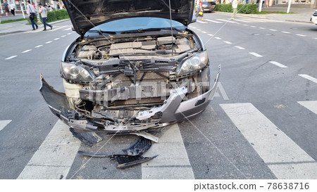 damaged car after a pedestrian crossing accident. accidents. damaged car after a pedestrian crossing accident. accidents. 78638716