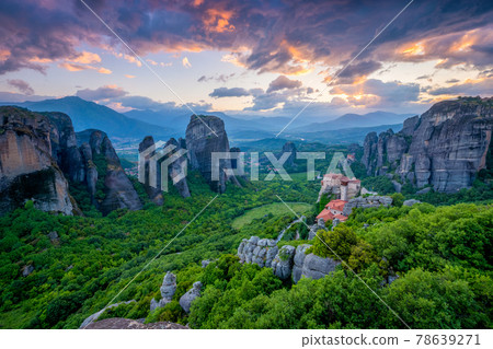 Sunset sky and monasteries of Meteora 78639271