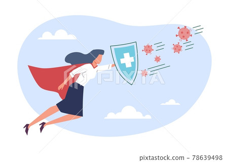 Virus protection. Superhero flying and holding shield to protect against pathogens. Doctor fight with viral molecules attacks. Contagious diseases prevention. Vector illness treatment Virus protection. Superhero flying and holding shield to protect against pathogens. Doctor fight with viral molecules attacks. Contagious diseases prevention. Vector illness treatment 78639498
