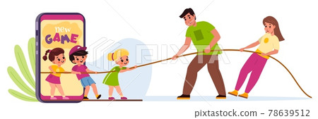 Kids mobile use limit. Parental control of Internet access for boys and girls. Children and parents pull rope in different directions. Smartphone addiction prevention. Vector limitation 78639512