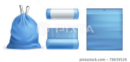 Trash bags realistic. Garbage blue eco pack with ties in different states, empty and full, roll and packaged, plastic sack. Blank label. Filled with household waste vector 3d isolated set Trash bags realistic. Garbage blue eco pack with ties in different states, empty and full, roll and packaged, plastic sack. Blank label. Filled with household waste vector 3d isolated set 78639526
