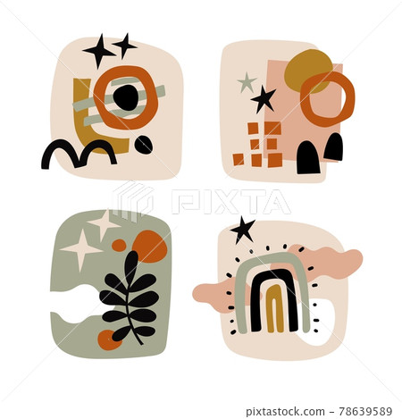 Modern collages set. Various doodle shapes abstract objects, natural colors botanical elements, trendy geometric forms leaves, flowers and rainbow. Contemporary vector scribbles primitive style 78639589