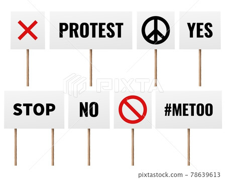 Protest posters. Realistic banners of protester people on political strike. Peace, no war and mee too slogans. Square placards on wooden sticks. Vector set for demonstration and movement Protest posters. Realistic banners of protester people on political strike. Peace, no war and mee too slogans. Square placards on wooden sticks. Vector set for demonstration and movement 78639613