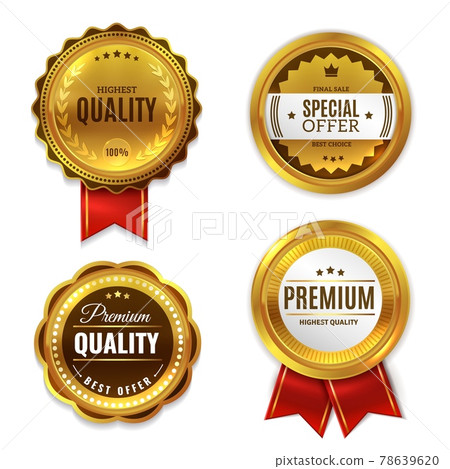 Seal quality labels gold badges. Sale and - Stock Illustration
