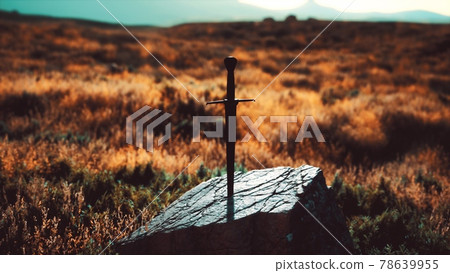 famous sword excalibur of King Arthur in the rock 78639955