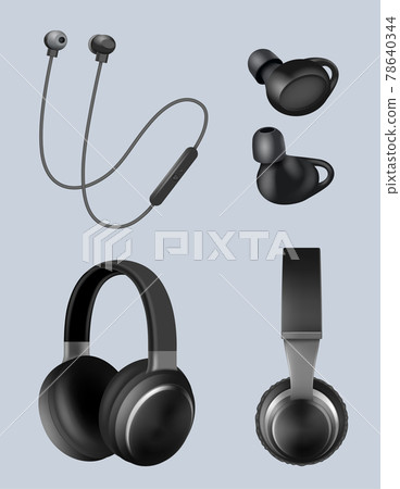 Realistic headphones. Music objects audio headset for listening decent vector illustrations set isolated on white 78640344