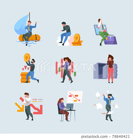 Financial crisis. Business collapse money fail financial problems bankruptcy loss cash garish vector concept illustrations in flat style Financial crisis. Business collapse money fail financial problems bankruptcy loss cash garish vector concept illustrations in flat style 78640421