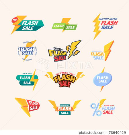 Flash sales. Colorful promo titles advertising badges and countdown banners garish vector illustrations with place for text 78640429