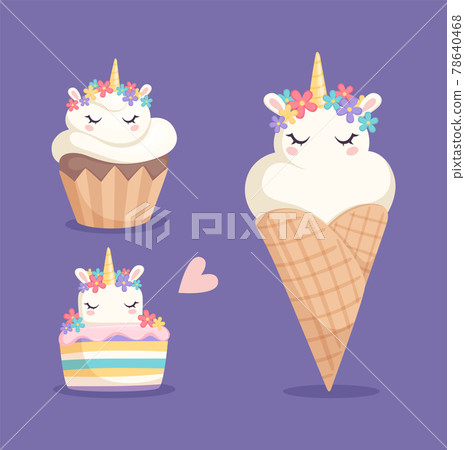 Unicorn sweets. Ice cream, cupcake and color rainbow cake with cartoon unicorns. Fantastic horses or pony desserts vector illustration 78640468
