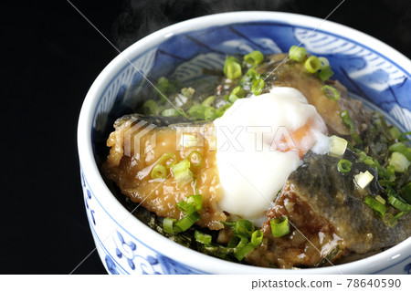 Photographed a hot yellowtail teriyaki rice bowl topped with hot balls and plenty of small onions on a black background 78640590