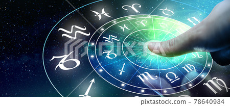 Astrological zodiac signs inside of horoscope circle. Man or Woman touching screen Zodiac signs hologram. Astrology concept. Astrological zodiac signs inside of horoscope circle. Man or Woman touching screen Zodiac signs hologram. Astrology concept. 78640984